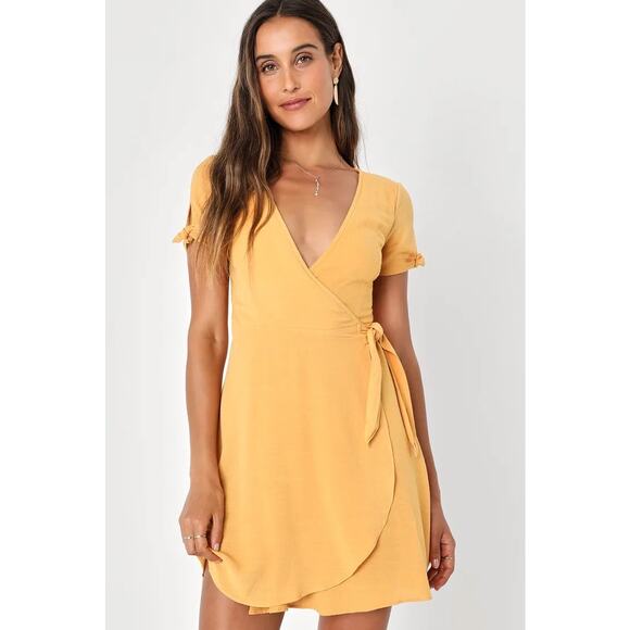 Lulus My Philosophy Yellow Mini Wrap Dress Small Casual Wedding Guest - Picture 2 of 11